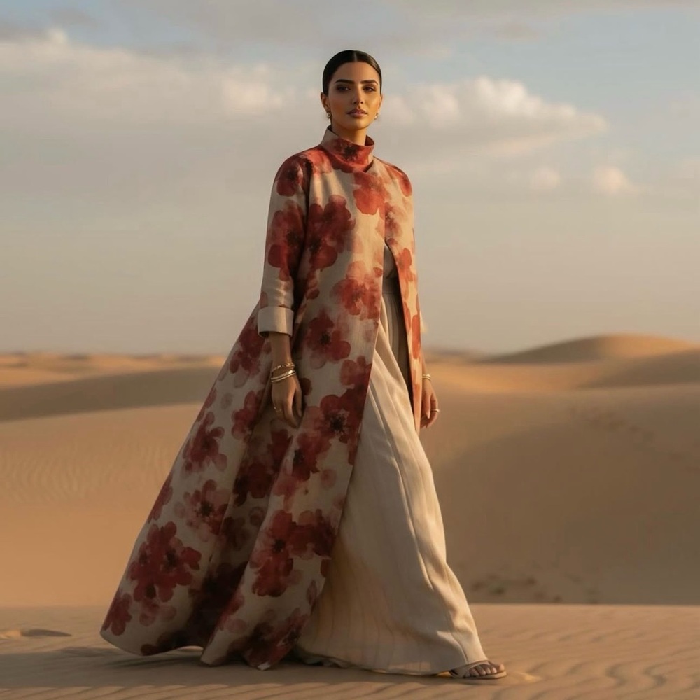 Floral Long Coat with Cream Dress